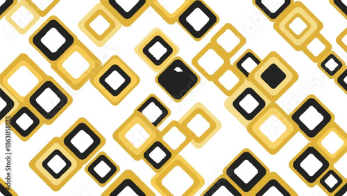 Abstract seamless pattern with black, gold, and yellow rounded squares on a white background, retro style