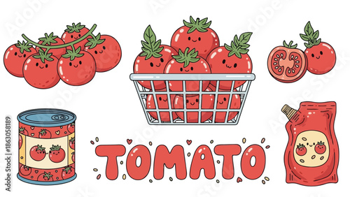 Cute happy tomatoes cluster with smiling faces in basket and ketchup bottle with kawaii style and playful red color illustration