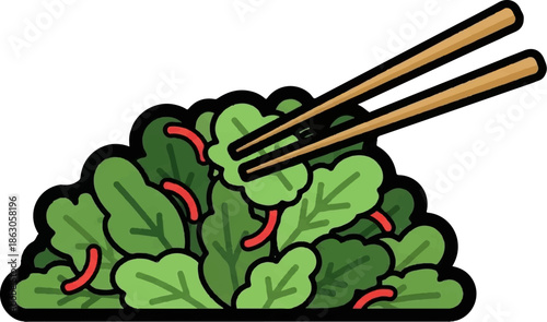 An illustration of a fresh green leafy salad with red chili peppers, being picked up by wooden chopsticks
