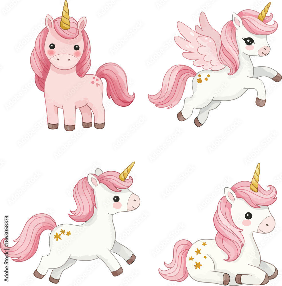 Fototapeta premium Four cute cartoon unicorns in different poses and colors