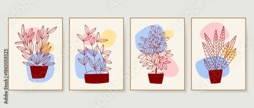 Set of flowers and leaves floral sketch line art with abstract shapes in modern vector design for prints, poster, wall art and decoration.