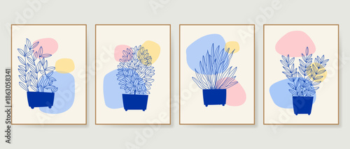 Set of flowers and leaves floral sketch line art with abstract shapes in modern vector design for prints, poster, wall art and decoration.