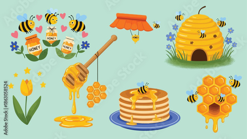 Colorful vector art of honey jars bees flying honeycomb dripping honey pancakes and beehive with flowers in cheerful style