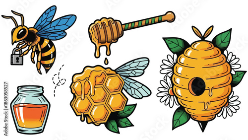 Colorful vector art of honey bee holding padlock flying near dripping honey dipper and honeycomb with hive and floral decoration