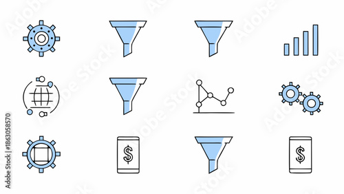 Collection of business and process icons including funnels gears and charts