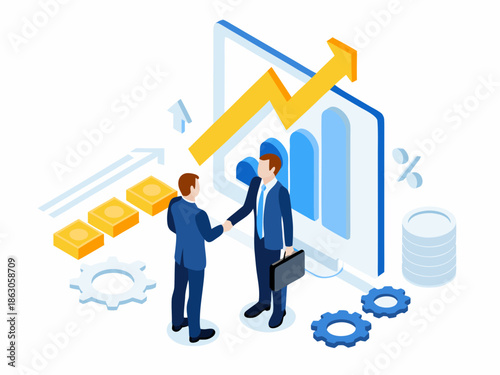 Business growth and partnership illustrated with isometric design and financial charts