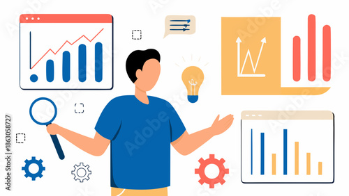Business analysis and innovative ideas with data visualization and a thoughtful person