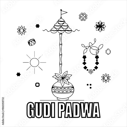 A Professional Traditional Gudi Padwa Icon Symbol, Showcasing Marathi New Year and Digital Hindu Festival Celebration Culture Ugadi in a Flat Design Minimalist Vector.