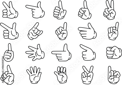 Hand gesture icon illustration set, pointing thumbs up peace sign finger symbols outline style isolated on white background