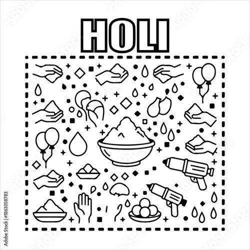 A Professional Vibrant Holi Festival Icon Symbol, Showcasing Indian Culture and Digital Colorful Powder Gulal Celebration Tradition in a Flat Design Minimalist Vector.