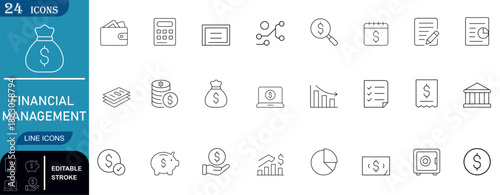 Set of 24 financial management line icons including banking, investment, savings, and budget analysis symbols. Ideal for fintech apps, accounting, and business UI.