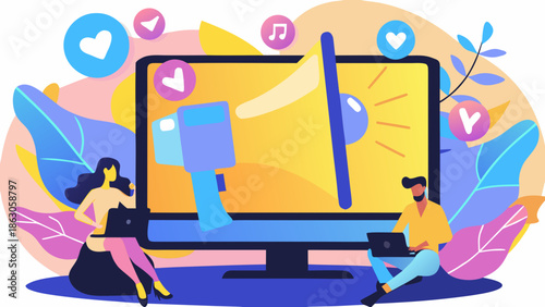 People enjoying digital content on a large screen television vibrant illustration