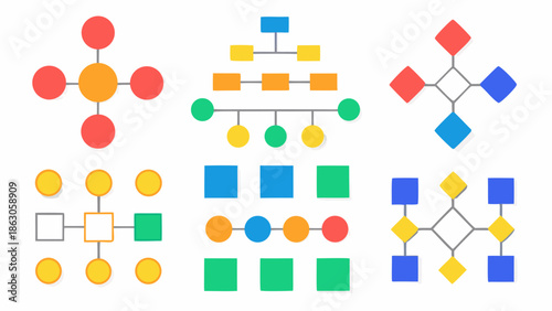 Colorful geometric shapes and interconnected nodes displayed in various arrangements