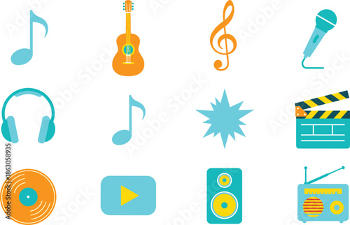 Music and media flat icon set, audio instruments, sound symbols, entertainment elements isolated on white background