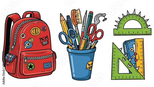 Colorful hand drawn school supplies with red backpack decorated with patches and blue container holding pencils and scissors