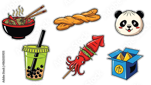 Colorful flat design asian street food icons including steaming hot ramen bowl, panda bun, bubble tea cup, grilled squid skewer, fried dough twist, and fortune cookies