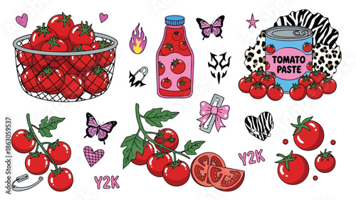 Y2k style colorful tomato basket, cherry tomatoes, tomato sauce bottle, tomato paste can with animal print backdrop and decorative elements
