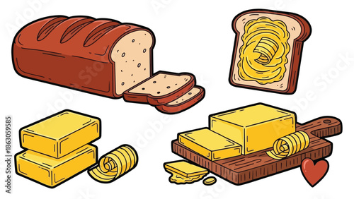 Hand drawn cartoon style fresh sliced bread loaf and butter blocks with curls on wooden cutting board and heart symbol illustration