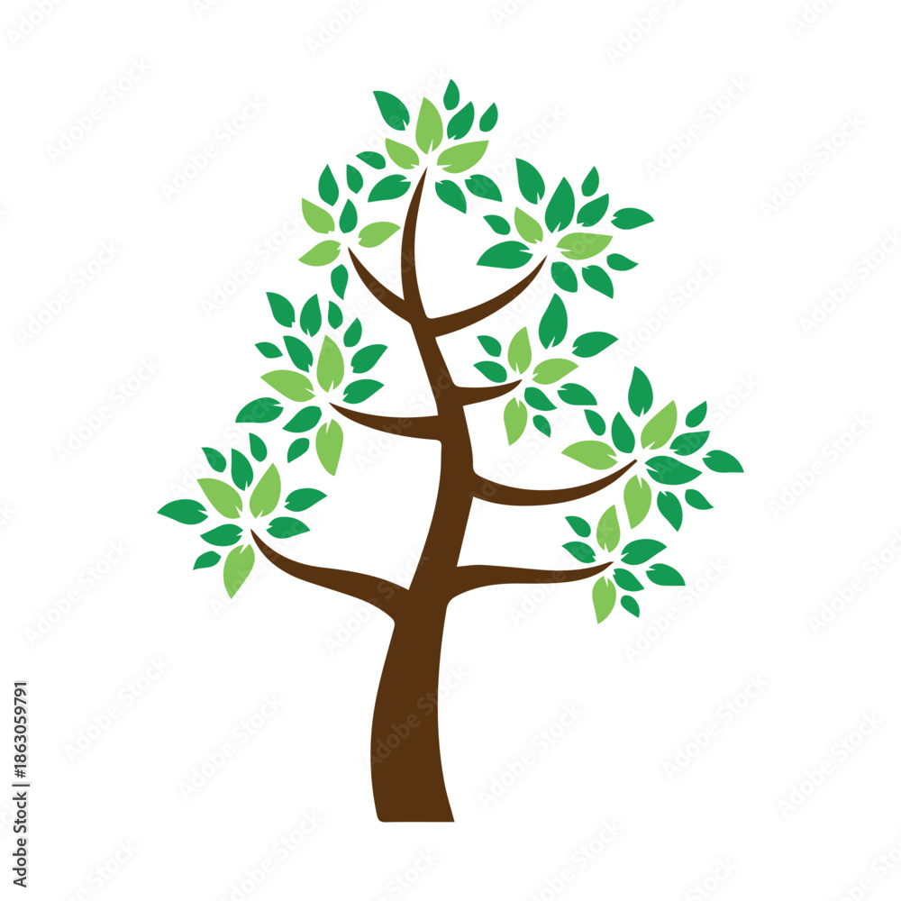 Obraz premium A vibrant green tree illustration with brown branches and a white background, symbolizing growth and nature