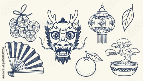 Hand drawn blue line art of chinese dragon mask with fan, bonsai tree, lantern, coins, orange fruit and leaves isolated on beige