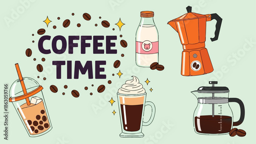 Colorful flat design coffee time lettering with moka pot, bubble tea, whipped coffee cup, milk bottle and french press kettle illustration