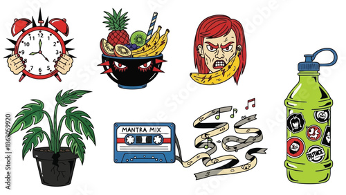 Colorful vector art set featuring angry woman with banana phone and spiked clock with hands holding it