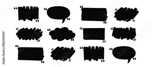 Text box frame set with quotation mark. Hand drawn marker brush stroke text talk message frame background. Quotation mark dialog speech, square, chat color design template. Vector illustration