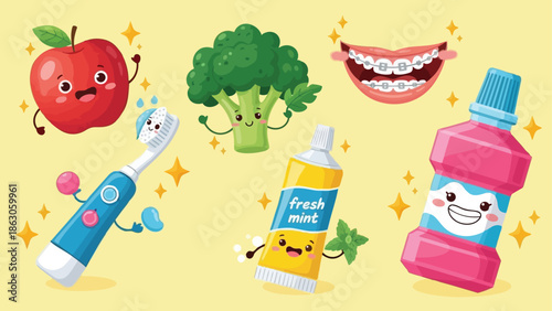 Colorful kawaii style smiling apple broccoli electric toothbrush toothpaste mint mouthwash and braces set on yellow background
