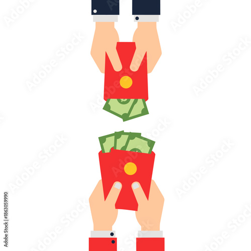 Hands Exchanging Red Envelopes with Money.