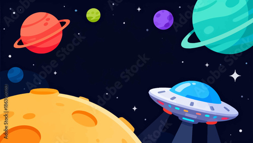 Colorful space scene with planets and UFO