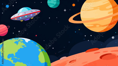 Colorful space scene with planets and spaceship