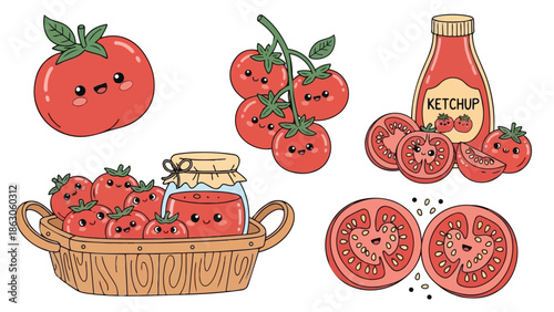 Cute kawaii style tomatoes with happy faces including whole, sliced, basket filled, ketchup bottle and vine cluster bright cheerful vector art