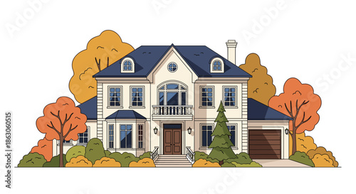 Large two-story luxury house with classical architecture surrounded by colorful autumn trees and a manicured lawn area.
