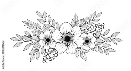 Hand-drawn botanical bouquet illustration in black and white line art featuring delicate flowers and leafy branches on white.