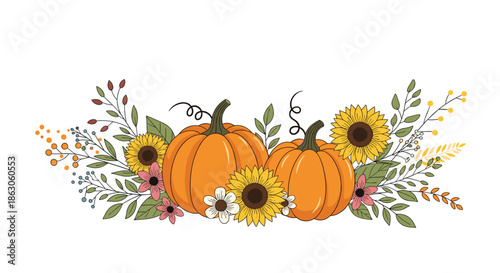 Vibrant autumn harvest arrangement featuring pumpkins, sunflowers, and delicate floral sprigs in a horizontal format.