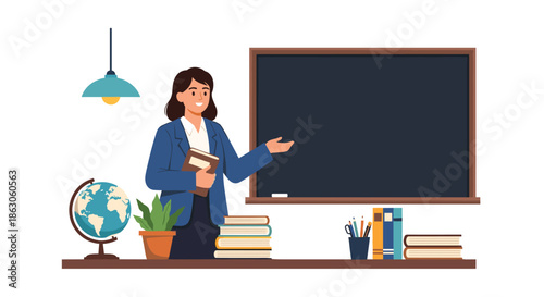 Female teacher standing in front of a blackboard and a desk with a globe, books, and plants in a classroom setting.