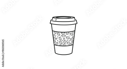 Line art illustration of a takeaway coffee cup featuring a decorative band with a pattern of roasted coffee beans.