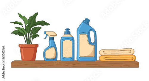 Set of cleaning products in blue bottles and folded towels next to a potted plant on a wooden shelf against a white background.
