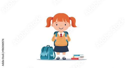 Cheerful young schoolgirl with red pigtails wearing a school uniform and standing between school bags and books.
