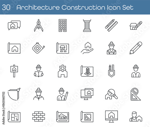 Professional architecture and construction line icon set. Blueprints, tools, workers, and house design symbols. Ideal for engineering, property, and building projects.