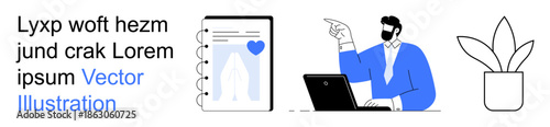 Business communication, remote work, online collaboration, technology, modern office, digital management. Document with heart icon, person pointing and a potted plant. Business communication