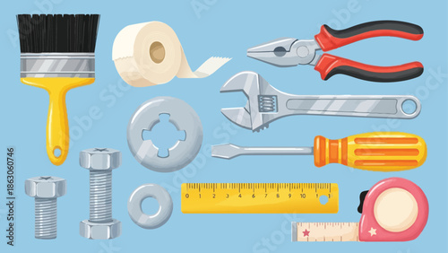 Colorful vector art of hand tools including pliers screwdriver wrench paintbrush bolts measuring tape ruler on blue background
