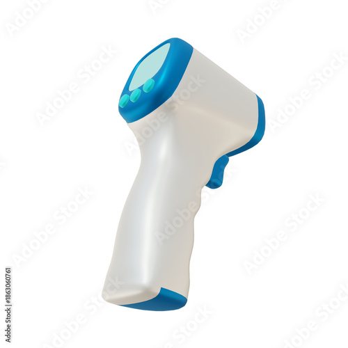 A white and blue digital thermometer gun for medical use