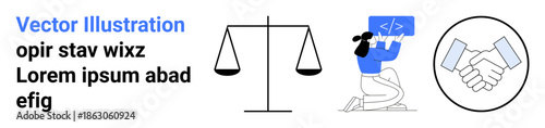 Legal systems, coding and development, teamwork, equality, balance, professional agreements. Scales, person coding handshake icon. Legal systems and coding development concept