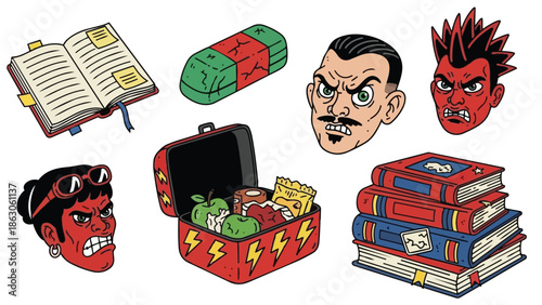 Colorful cartoon style angry faces with open lunchbox containing apples and snacks and stack of red blue books with ribbons