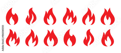 Set of 12 red flame icons isolated on white background. Vector fire silhouette variations for heat, energy, warning and safety design