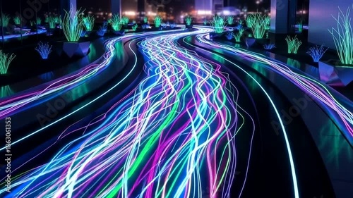 Colorful Light Trails in Urban Nightscape Scene