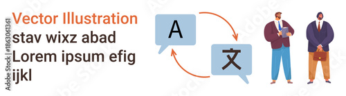 Language learning, global communication, translation tools, multilingual teamwork, corporate training, international business. Speech bubbles and businesspeople. Language learning and global