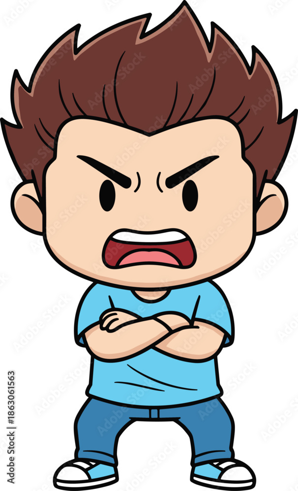 Obraz premium Angry cartoon boy with crossed arms, mad child character illustration, upset kid shouting, emotional expression vector art, colorful animated character drawing