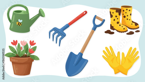 Colorful flat design gardening tools set with green watering can, red rake, blue shovel, yellow gloves, flower pot, and muddy yellow boots